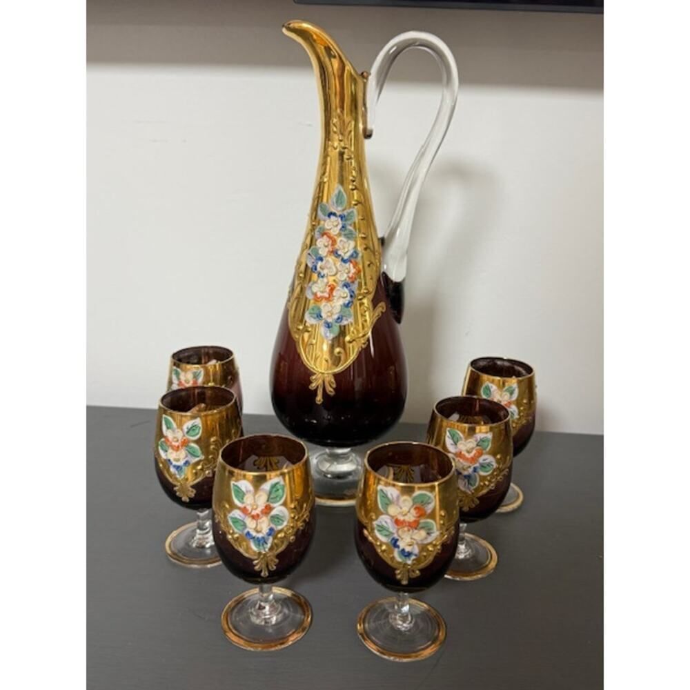 Vintage Bohemian Ruby Glass Cordial Set Pitcher + 6 Glasses Gold Floral Czech